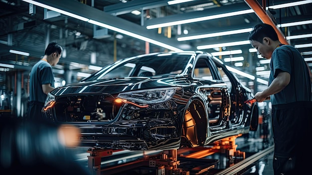 Photo technicians in a car assembly plant are installing engines and welding sparks for cars on the production line inside the factory