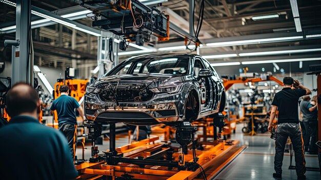 Technicians in a car assembly plant are installing engines and welding sparks for cars on the production line inside the factory