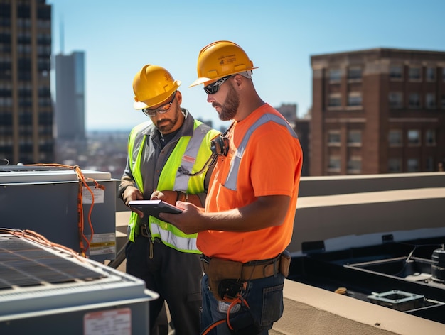 Technicians doing maintenance on air conditioning system