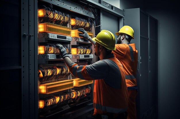 Technicians installing a new server rack in a data center