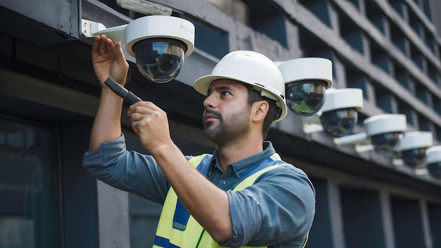 CCTV 카메라 를 설치 하기 위해 스크리브 드라이버 를 사용하는 기술자 들
