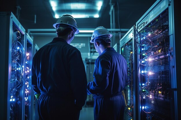 Technicians wearing protective gear in a server room for safety