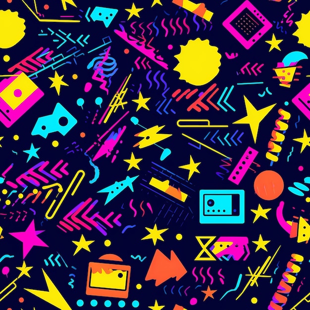 Photo technicolor beats 90s party neon seamless pattern