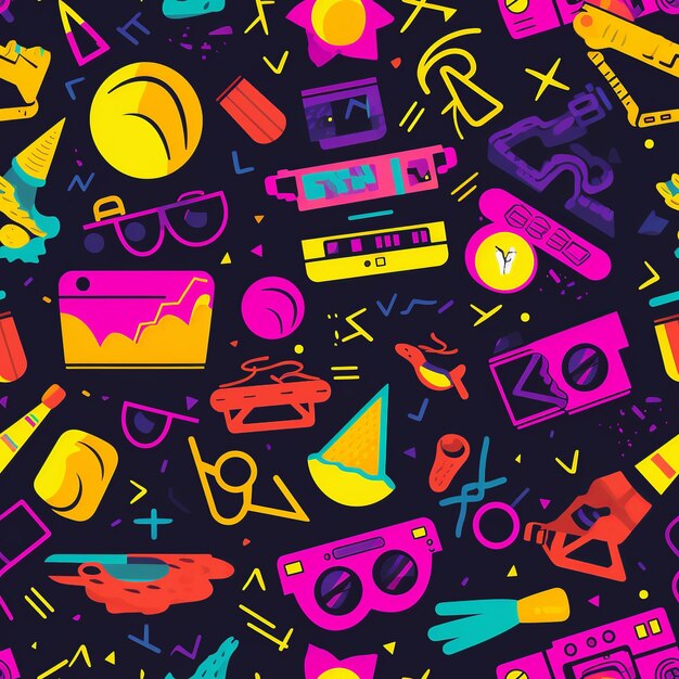 Photo technicolor beats 90s party neon seamless pattern