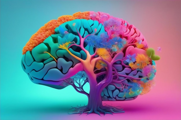 A technicolor brain with a blossoming tree in its core