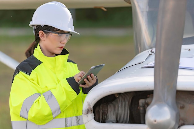 Technicus die de motor van het vliegtuig repareert Vrouwelijke lucht- en ruimtevaarttechniek die vliegtuigmotoren controleert Aziatisch monteuronderhoud inspecteert vliegtuigmotor