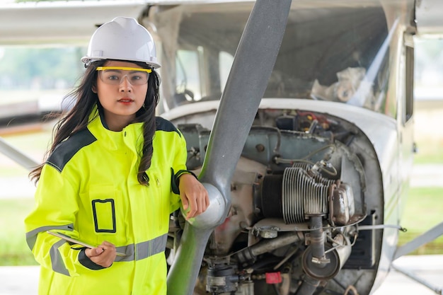 Technicus die de motor van het vliegtuig repareert Vrouwelijke lucht- en ruimtevaarttechniek die vliegtuigmotoren controleert Aziatisch monteuronderhoud inspecteert vliegtuigmotor