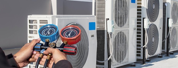 Technicus die de werking van de airconditioner controleert