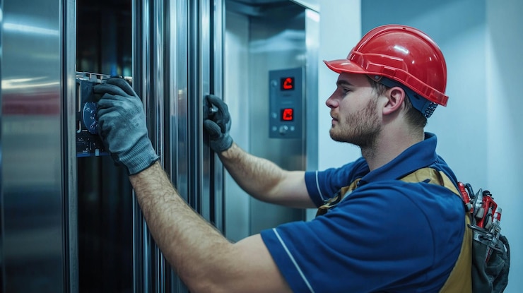 Foto technicus die een liftdeur in een commercieel gebouw repareert