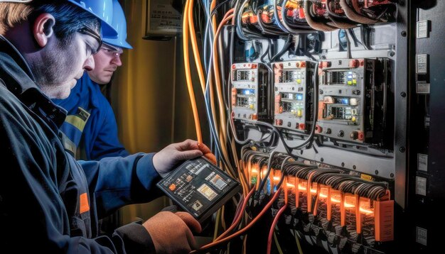 Technicus die zich concentreert op de bedrading van elektrische panelen