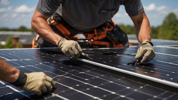 Foto technicus die zonnepanelen installeert