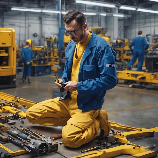Technicus in blauwe jumpsuit met gereedschap op geel zegt een geheim heet remnieuws