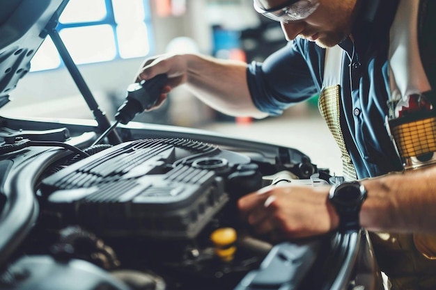 Foto technicus inspecteert het motorsysteem, de radiator en het koelsysteem van de motor.