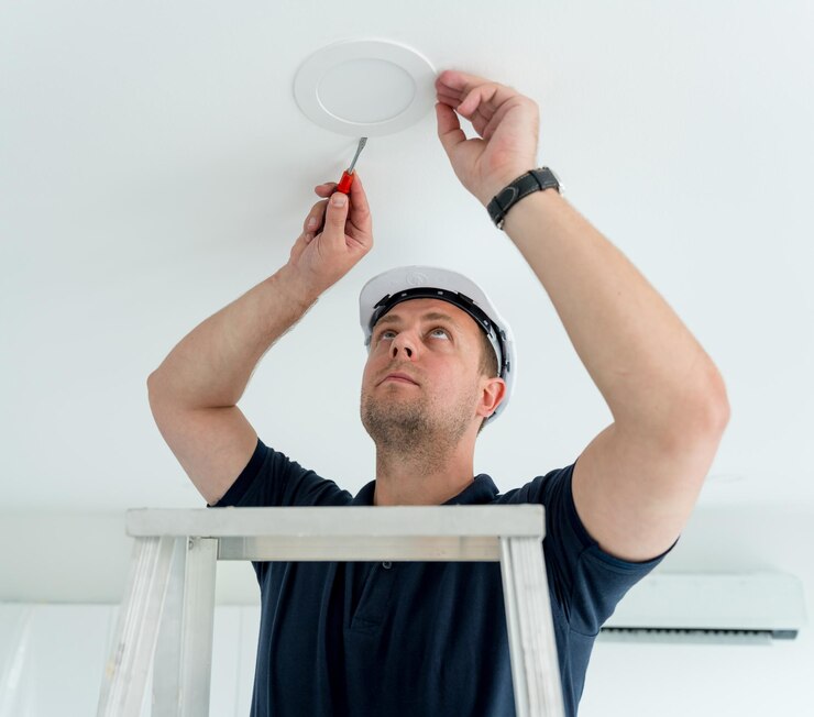Foto technicus installeert een led-spotlight in het plafond