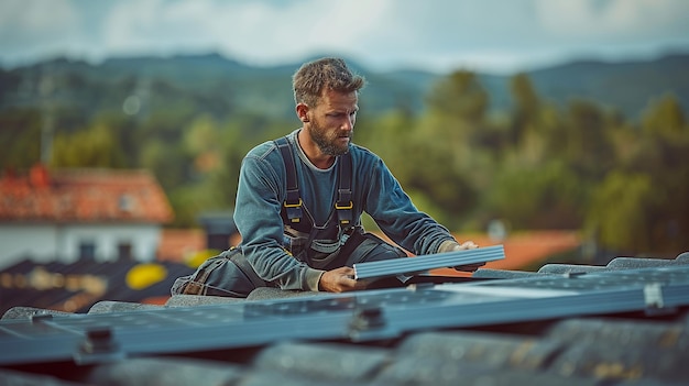 Foto technicus voor zonnepanelen die zonnepanels op het dak installeert alternatief energie-ecologisch concept