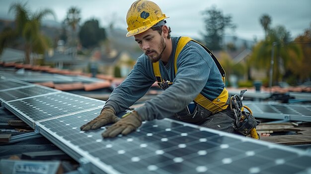 Technicus voor zonnepanelen die zonnepanels op het dak installeert Alternatief energie-ecologisch concept