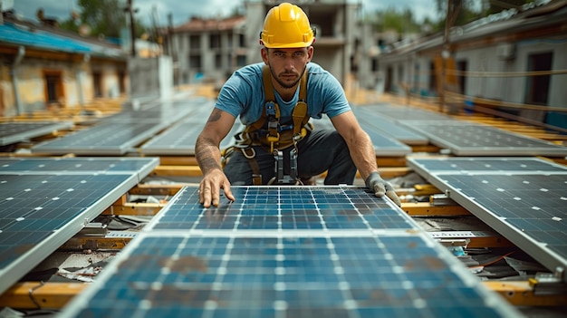 Foto technicus voor zonnepanelen die zonnepanels op het dak installeert