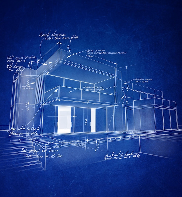 Foto technische architectuurtekening met krijtwitte strepen op een blauwe achtergrond