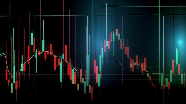 Technische prijsgrafiek en indicator rode en groene kandelaargrafiek op blauw themascherm marktvolatiliteit AI gegenereerd