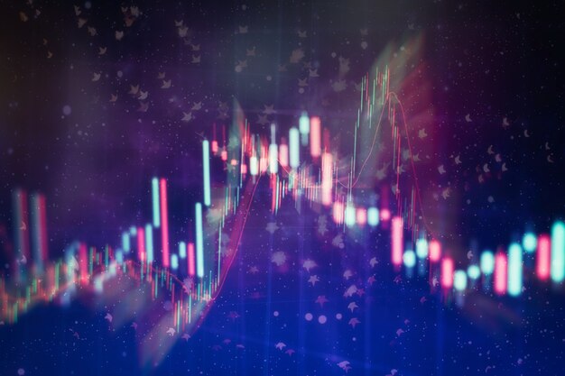 Technische prijsgrafiek en indicator, rode en groene kandelaargrafiek op blauw themascherm, marktvolatiliteit, op en neer trend. Aandelenhandel, crypto valuta achtergrond.