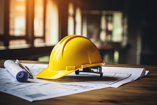 technische tekening en veiligheidsgele helm op houten tafel ai generatief