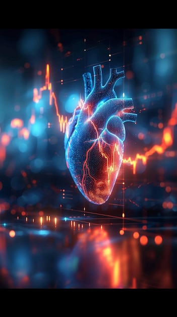 Techno health Neon heart on blurred screen with AI generated waves Vertical Mobile Wallpaper