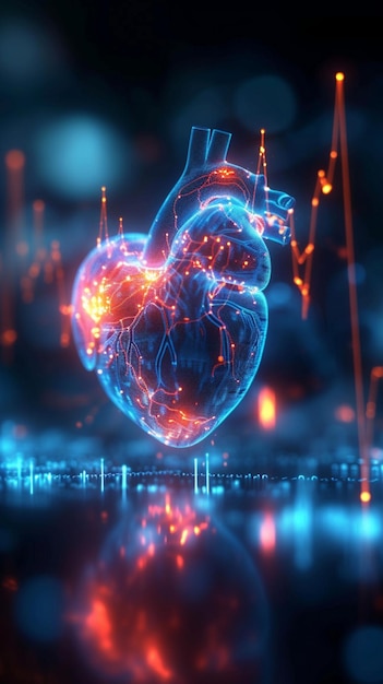 Techno health Neon heart on blurred screen with AI generated waves Vertical Mobile Wallpaper