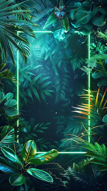 Techno Jungle Arcane Frame With Futuristic Plants and Pulsat Neon Color Background Art Collection