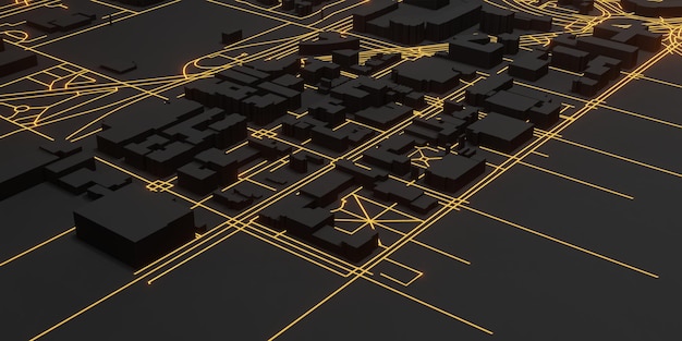 테크노 메가 시티 다크 블랙 도시 및 미래 기술 골드 라이트 라인 개념 3d 렌더링