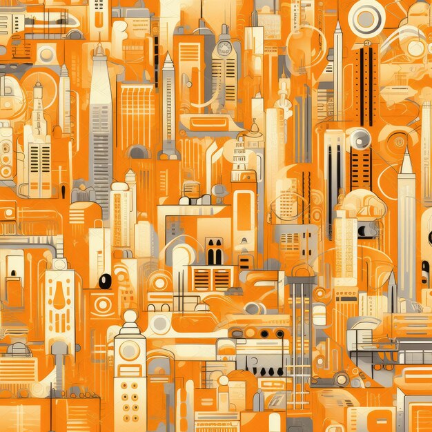 Techno metropolis urban vibrant orange seamless pattern