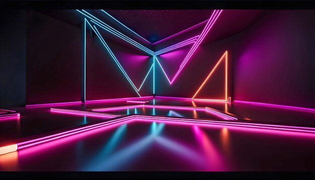 Photo techno modern virtual gaming space with neon glowing triangles cozy atmosphere