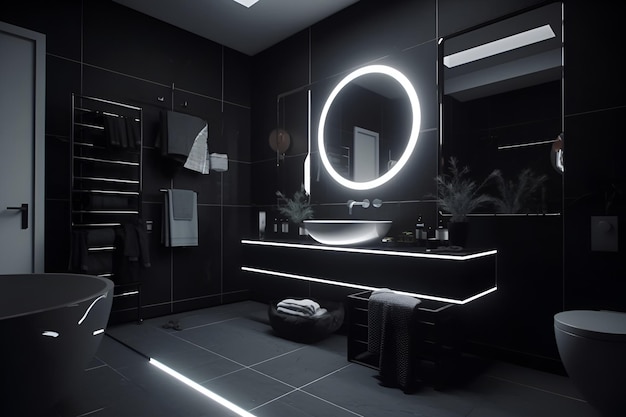 Techno style interior of bathroom in luxury house