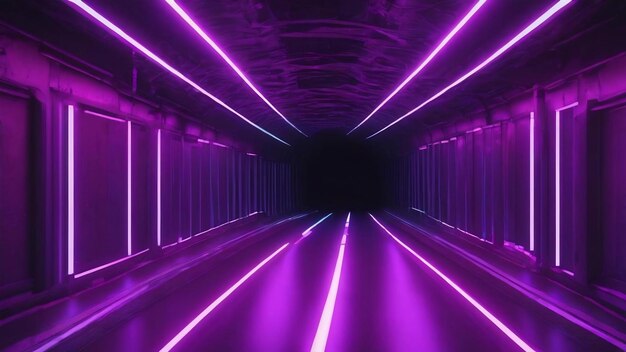 Techno tunnel with purple lights background darl neon cyber corridor with 3d straight highway