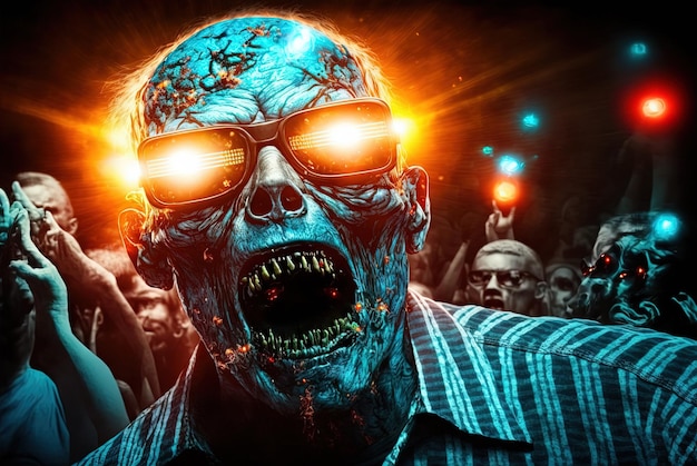 Techno zombie met neonlichten en glanzende ogen Cyberpunk horror party concept gegenereerd door AI