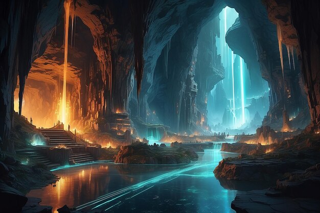 TechnoGeysers Illuminated Data Streams in Subterranean Circuitry City