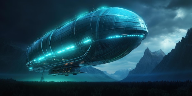 Technological airship with blue neon lights futuristic game concept Generative AI