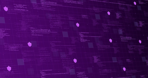 Technological background purple with code elements and lights lines