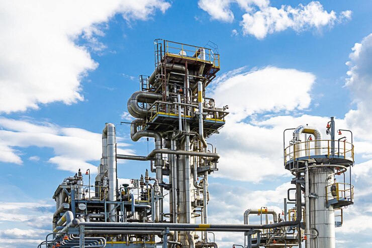 The technological columns of the gas processing plant stand against the background of blue sky and clouds