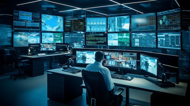 Photo technological control room with a bank of monitors