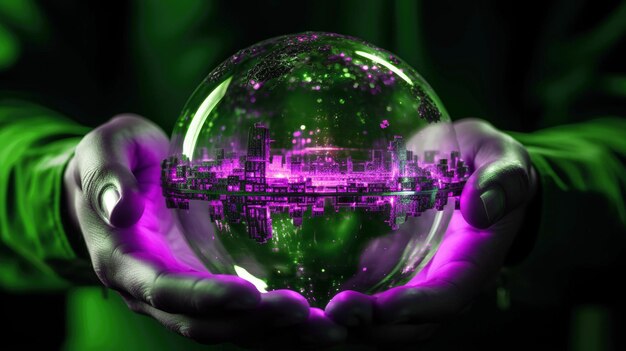 Photo a technological crystal ball above the two hands that control it