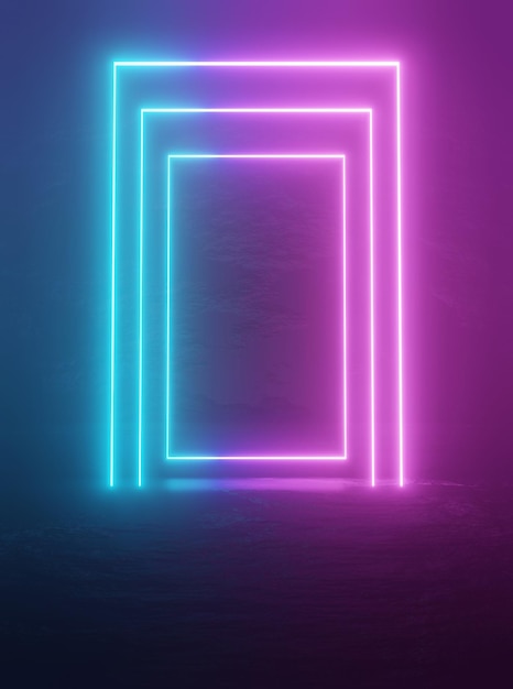 Technological and futuristic abstract blue and purple neon\
shapes on black background over reflective material with empty\
space for text 3d illustration rendering copy space concept