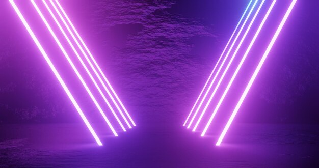 Technological and futuristic Abstract Blue And Purple Neon Shapes On Black Background Over Reflective Material With Empty Space For Text 3D Illustration Rendering Copy space concept