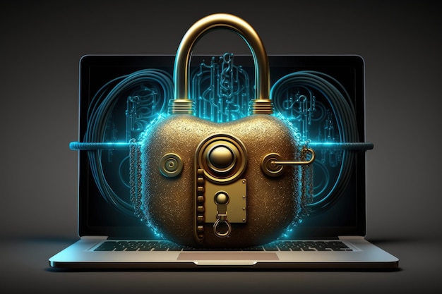 Technological padlock with blue circuits on laptop screen data security concept Generative AI