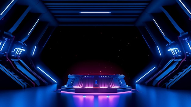 Технологический подиум в футуристической космической сцене с искусственным интеллектом неоновых огней