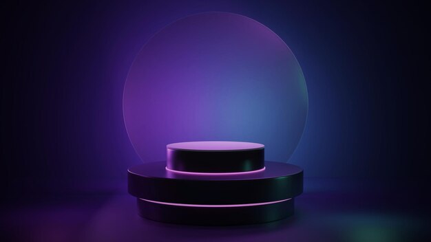 写真 ネオンの輝きの円と 2 つのステップの 3 d イラストレーションを備えた技術的な表彰台
