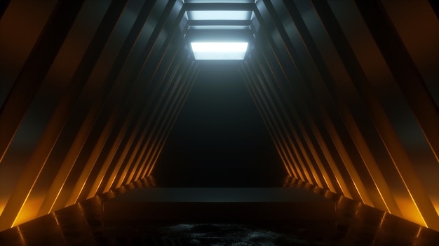 Technological tunnel with a podium stand with a warm and cold glow  3D rendering