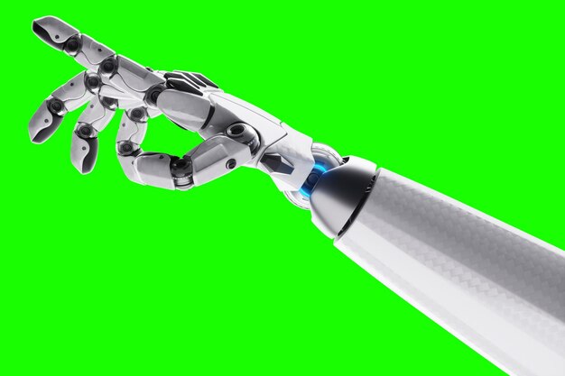 Technologically advanced modern robot points its finger on a green background Neural networks