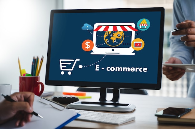 Foto technologie e-commerce internet wereldwijde marketing aankoopplan en bankconcept