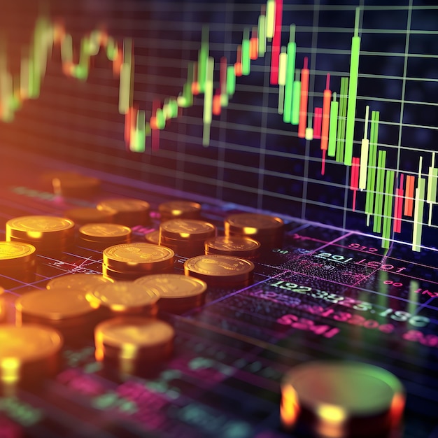 Technologie- en financiële achtergrond met gouden munten