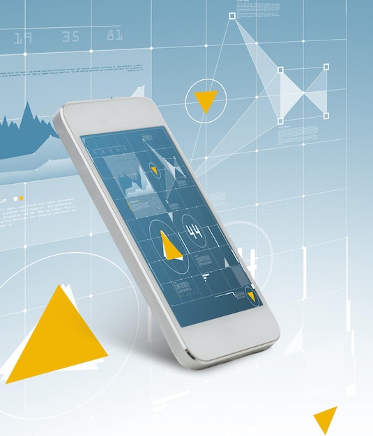 technologie en financiënconcept - witte smartphone met groeiende grafiek op het scherm